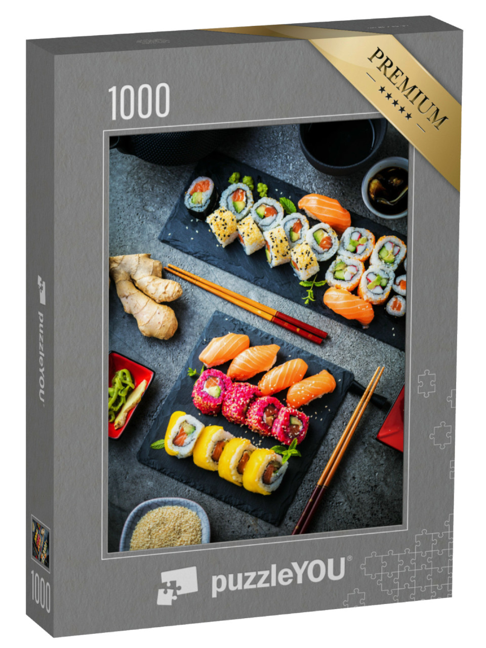 Puzzle de 1000 pièces « Maki et rouleaux de poisson, crevettes et avocat »