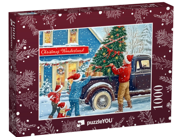 Puzzle de 1000 pièces « Design rétro de Noël : sapin de Noël sur un camion pick-up »