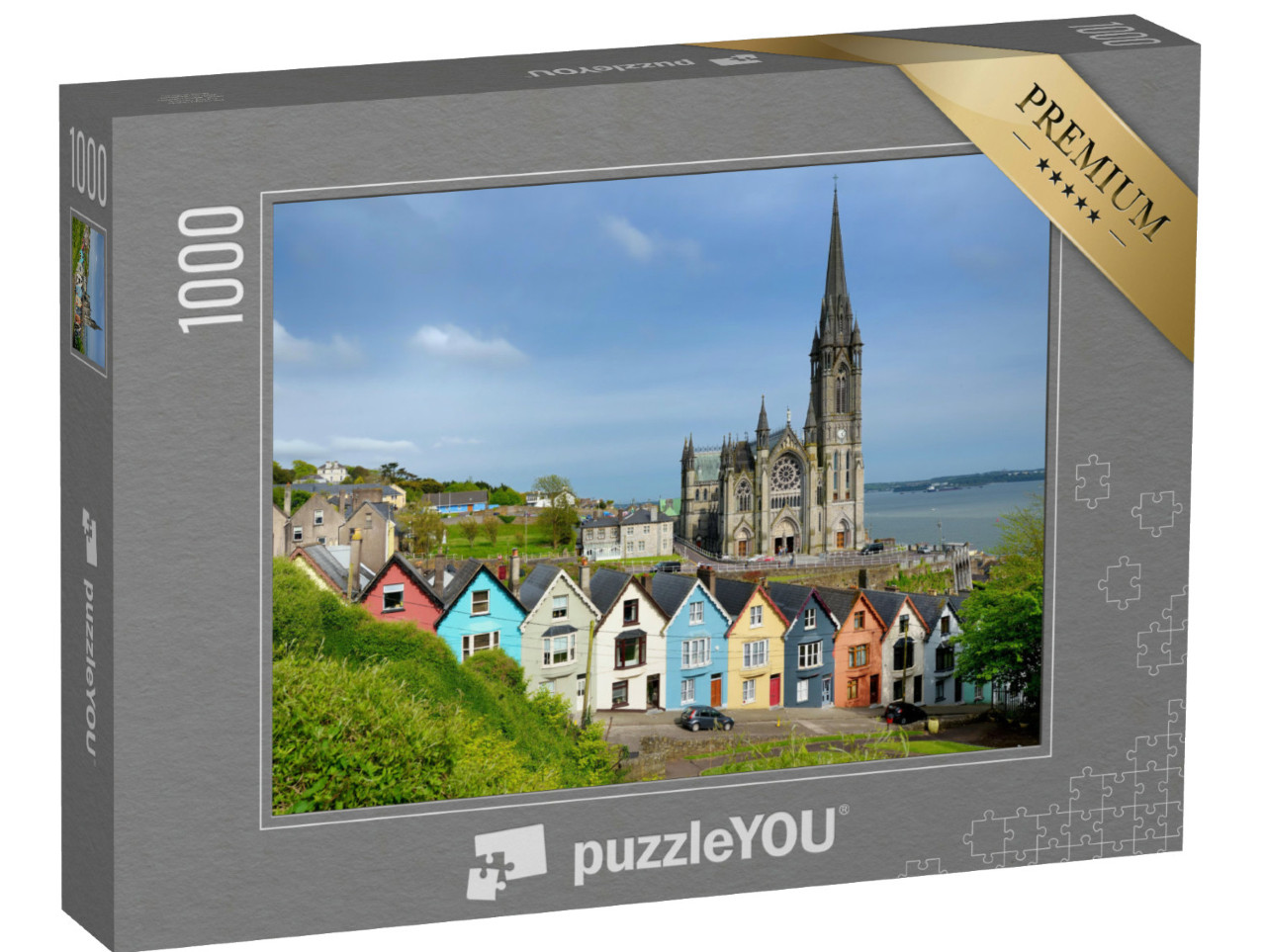 Puzzle de 1000 pièces « Maisons mitoyennes colorées devant la cathédrale de Cobh, comté de Cork, Irlande »