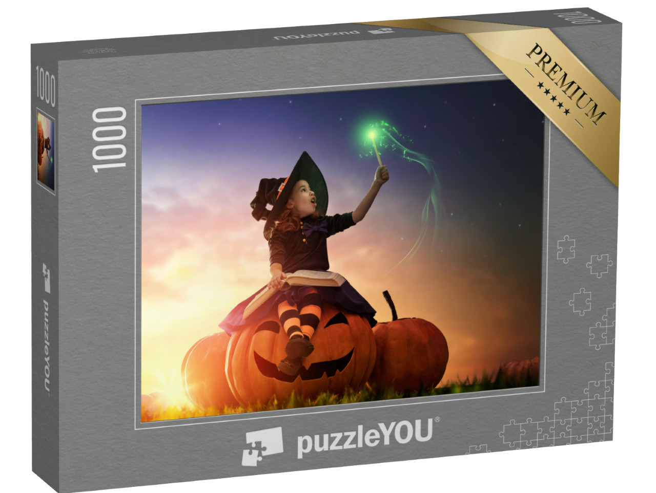 Puzzle de 1000 pièces « Joyeuse sorcière d'Halloween avec sa baguette magique »