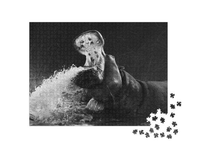 Puzzle de 1000 pièces « Hippopotame avec mau ouvert dans l'eau »