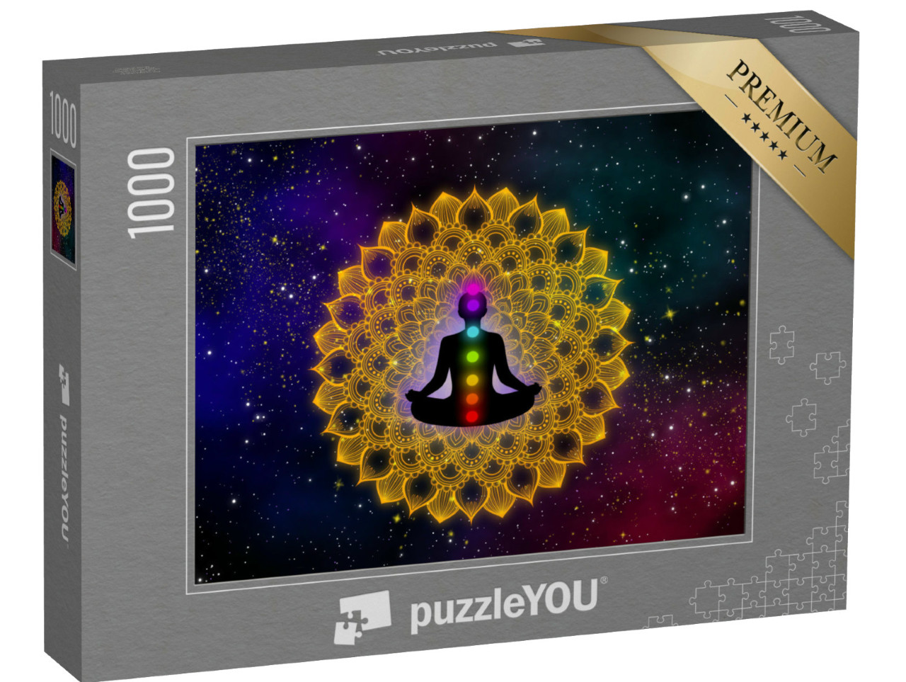 Puzzle de 1000 pièces « Homme et ses sept chakras sur mandala or de luxe »