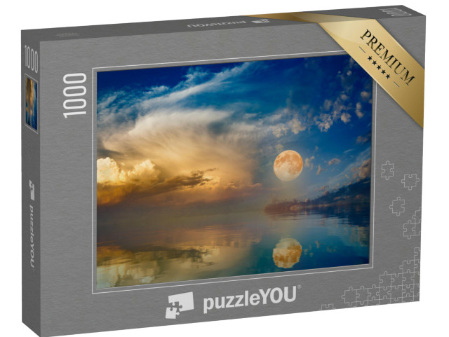 Puzzle de 1000 pièces « Pleine lune sur un ciel de coucher de soleil en bord de mer »