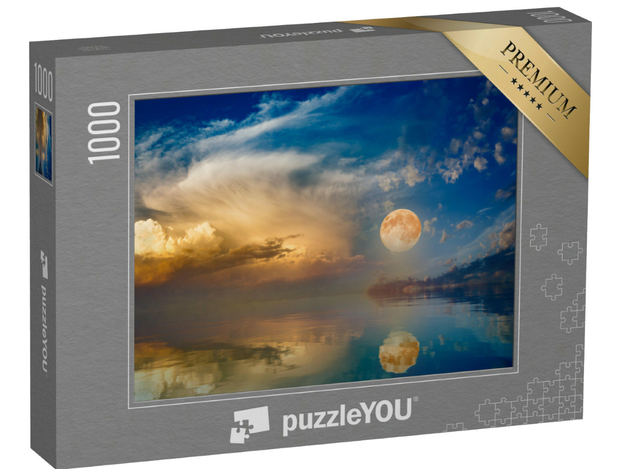 Puzzle de 1000 pièces « Pleine lune sur un ciel de coucher de soleil en bord de mer »