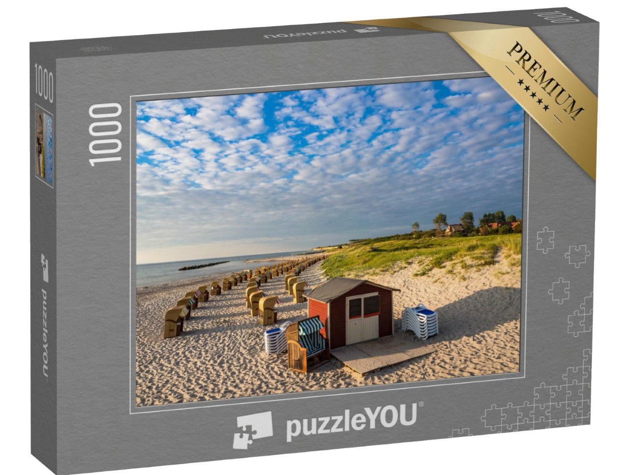 Puzzle de 1000 pièces « Chaises de plage et cabane sur la plage de la mer Baltique à Wustrow, Allemagne »