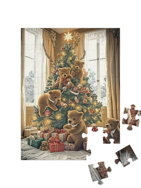 Puzzle de 48 pièces « Des enfants ours jouent dans le sapin de Noël »