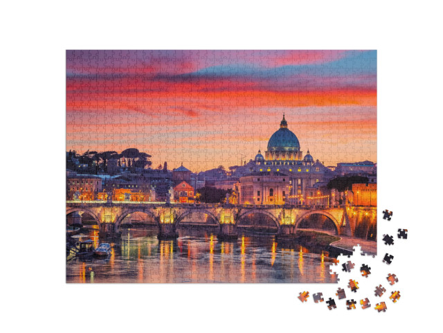Puzzle de 1000 pièces « Vue nocturne de la basilique Saint-Pierre et du fleuve Tibre à Rome, Italie »