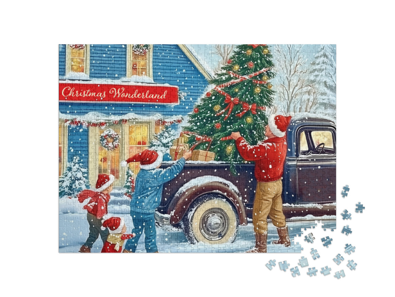 Puzzle de 1000 pièces « Design rétro de Noël : sapin de Noël sur un camion pick-up »