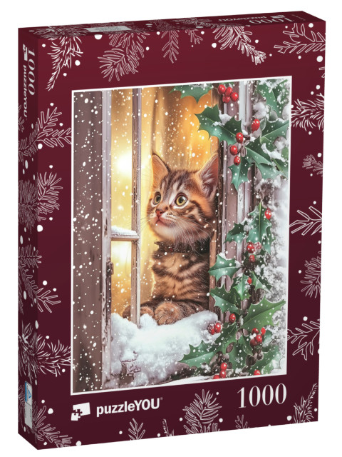 Puzzle de 1000 pièces « Période de Noël : un chaton regarde par la fenêtre hivernale »