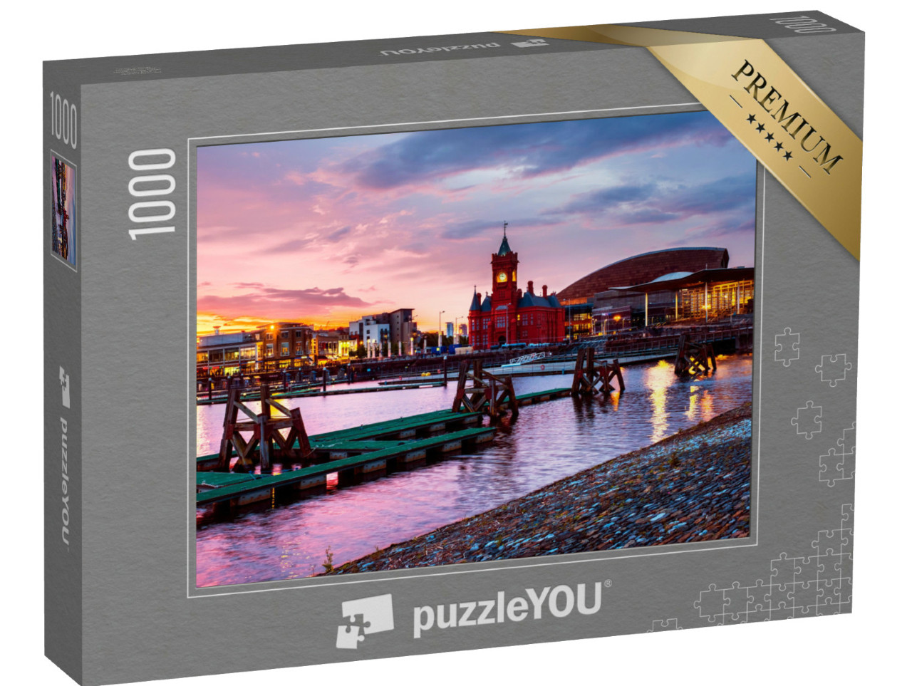 Puzzle de 1000 pièces « Waterfront de nuit, coucher de soleil à Cardiff, Pays de Galles »
