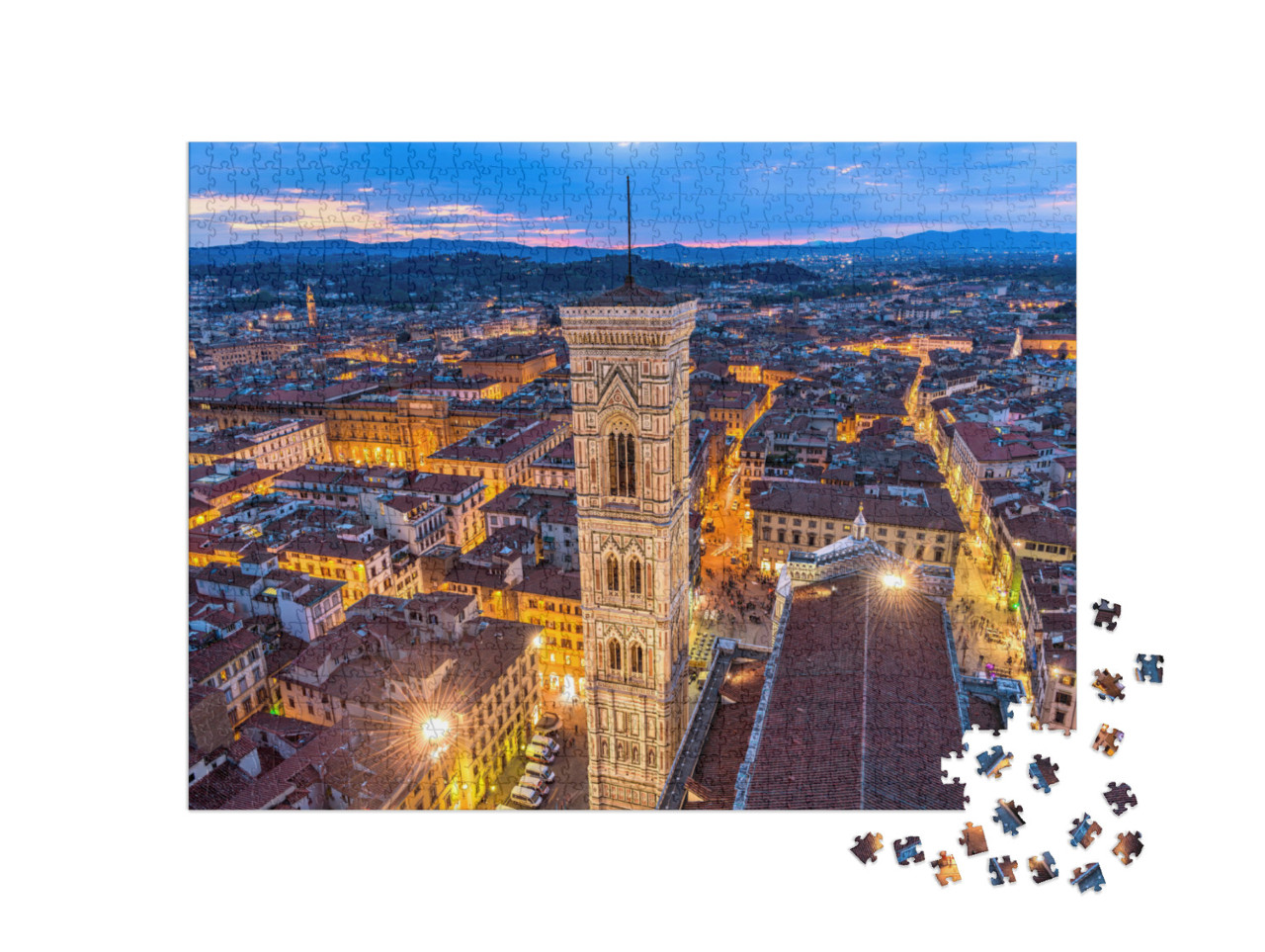 Puzzle de 1000 pièces « Vue aérienne au crépuscule du Campanile de Giotto, centre historique de Florence »