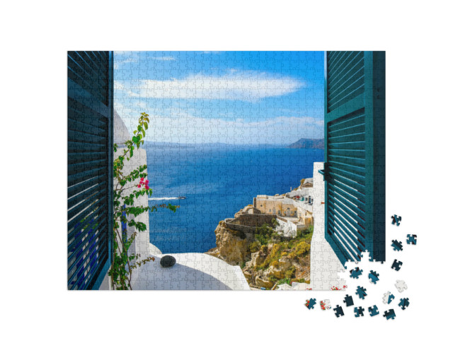 Puzzle de 1000 pièces « Vue d'une fenêtre dans le village d'Oia sur l'île de Santorin, Grèce »