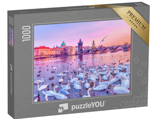 Puzzle de 1000 pièces « Cygnes sur la Vltava, coucher de soleil à Prague »