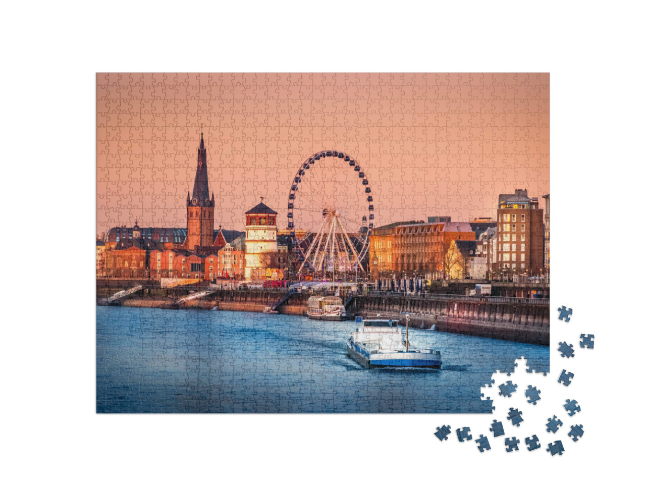 Puzzle de 1000 pièces « Vue du soir sur le Rhin et la vieille ville de Düsseldorf, Allemagne »