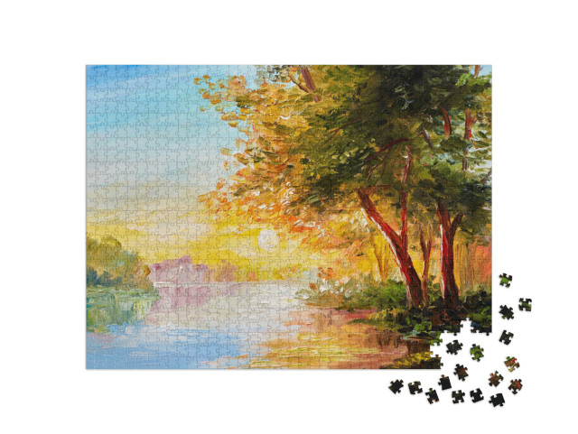 Puzzle de 1000 pièces « Peinture à l'huile : Vieux arbres au bord de la rivière »