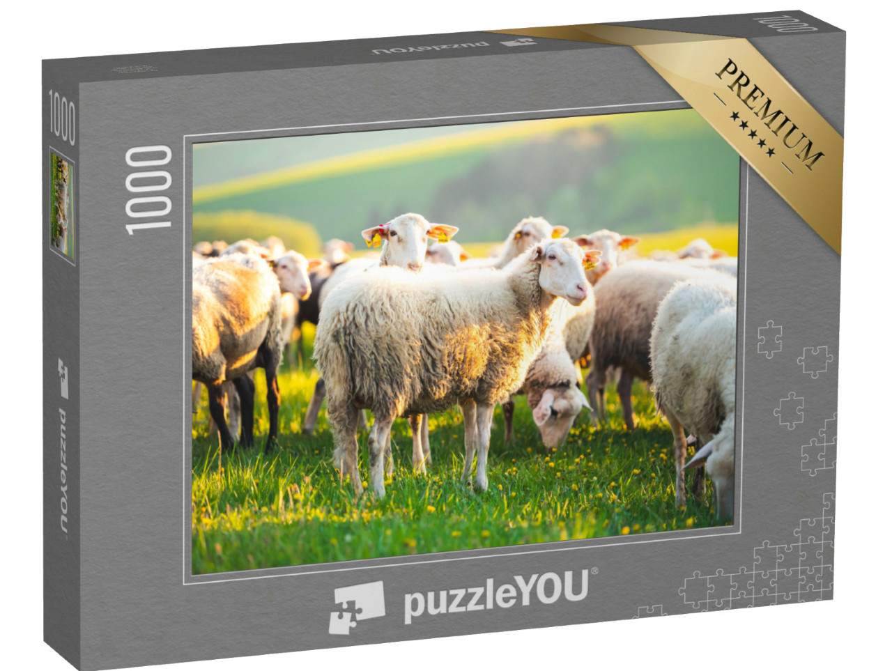 Puzzle de 1000 pièces « Moutons dans une prairie au coucher du soleil »