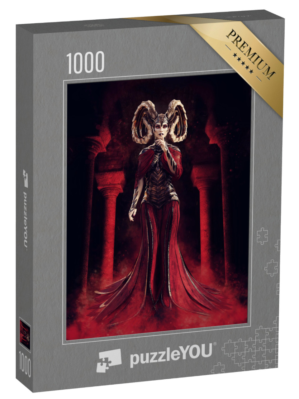 Puzzle de 1000 pièces « Sorcière fantastique vêtue de rouge dans un temple de pierre »