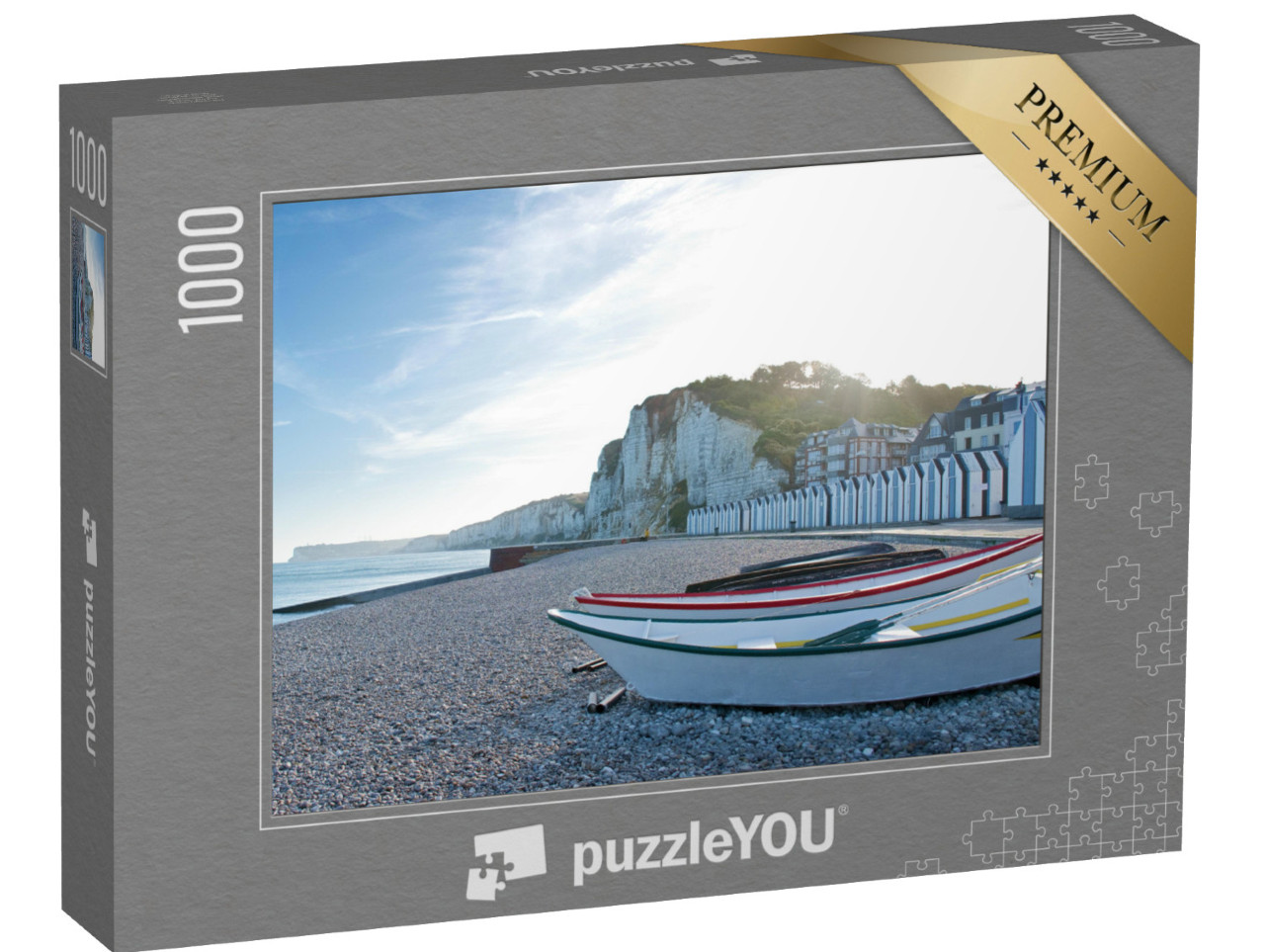 Puzzle de 1000 pièces « Plage d'Yport avec la Falaise d'Amont, contre-jour au lever du soleil »