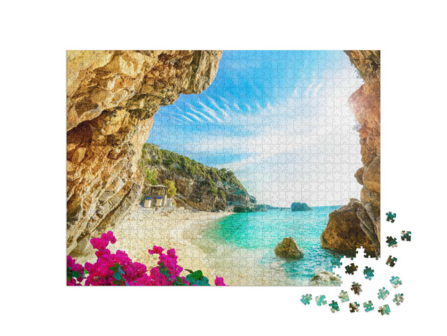 Puzzle de 1000 pièces « Belle vue sur la mer et la plage de Corfou, Grèce »