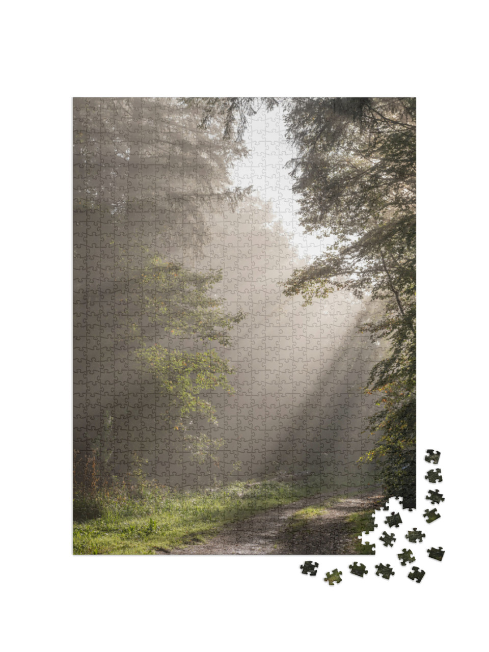 Puzzle de 1000 pièces « Rayons de soleil à travers le brouillard dans une forêt de montagne en automne. Vosges, Alsace, France. »