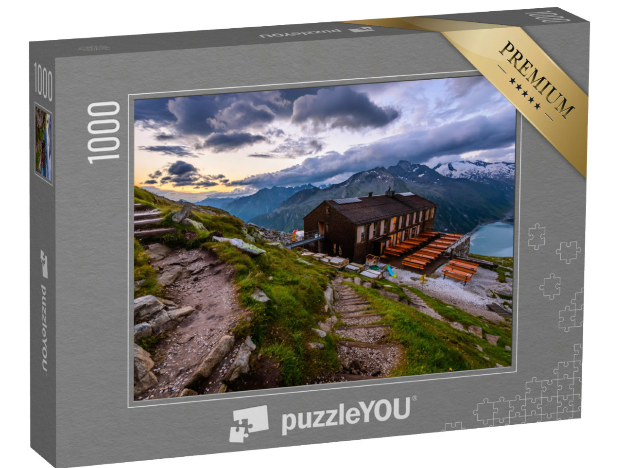 Puzzle de 1000 pièces « Le refuge Olperer au pied de l'Olperer, Alpes de Zillertal, Tyrol »