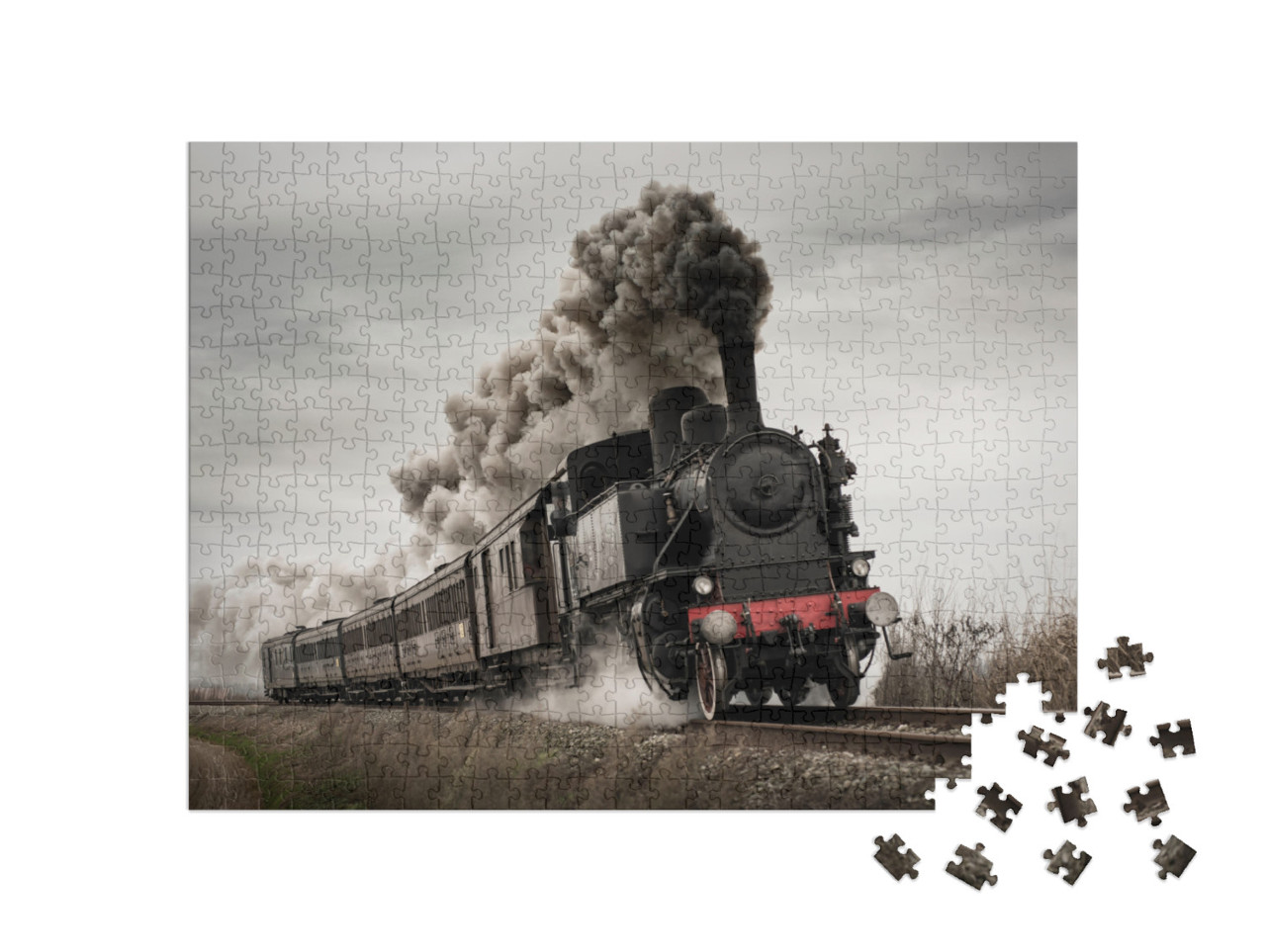 Puzzle de 500 pièces « Train à vapeur oldtimer avec vieille locomotive et vieux wagons »