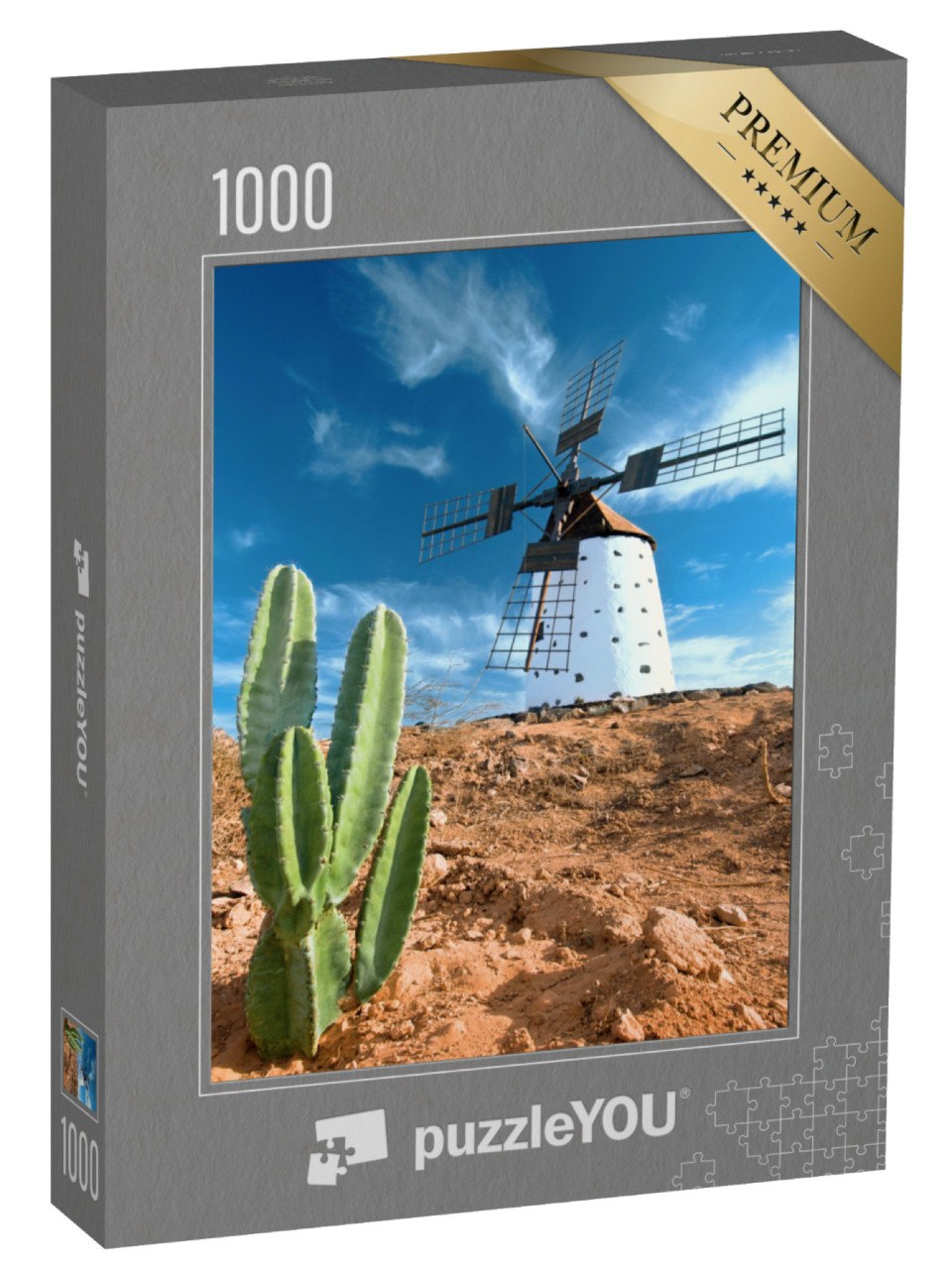 Puzzle de 1000 pièces « Cactus et moulin à vent traditionnel à Fuerteventura, îles Canaries »