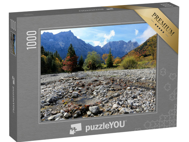 Puzzle de 1000 pièces « Lit de la rivière Rißbach avec vue sur les montagnes du Karwendel, Autriche »