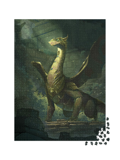 Puzzle de 2000 pièces « Illustration artistique d'un dragon devant des ruines »