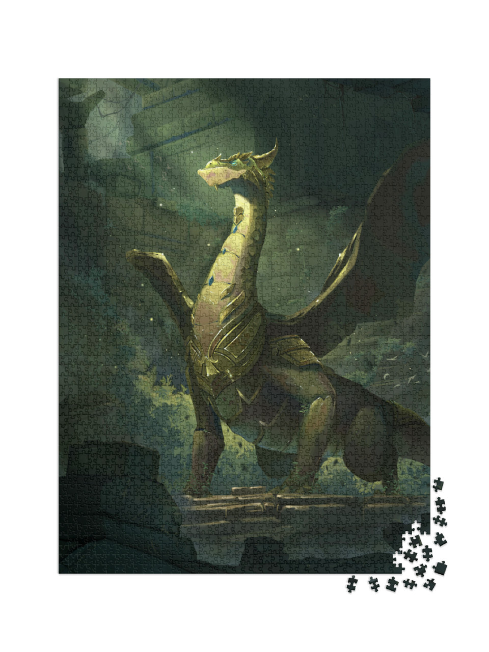 Puzzle de 2000 pièces « Illustration artistique d'un dragon devant des ruines »