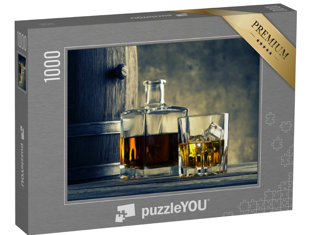 Puzzle de 1000 pièces « Carafe en verre et tonneau à whisky »