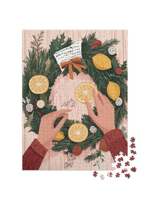 Puzzle de 1000 pièces « Des mains créent une couronne de l'Avent toujours verte avec des citrons »