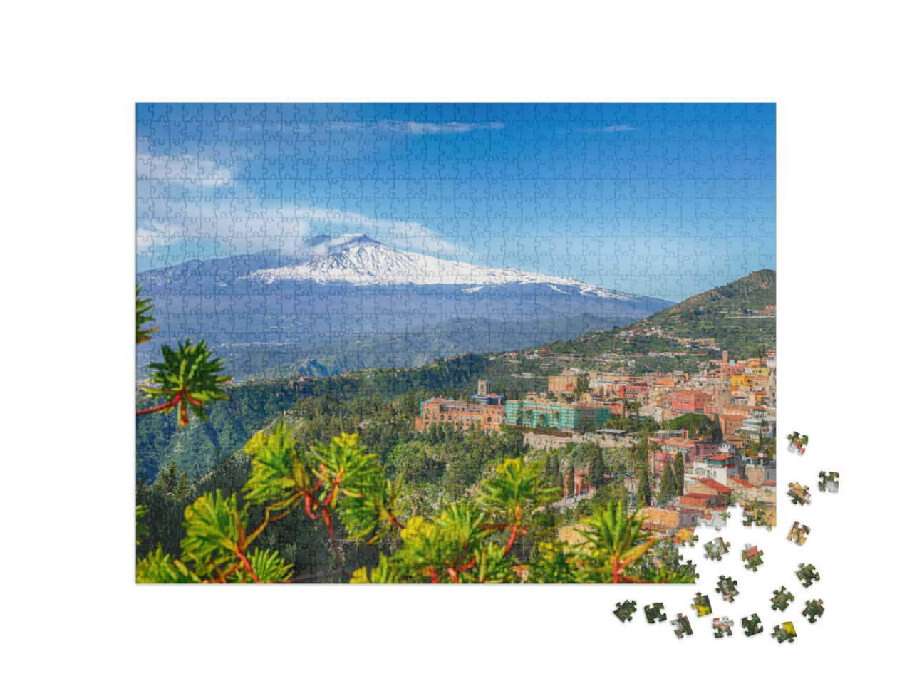 Puzzle de 1000 pièces « Volcan Etna et ville de Taormine, Sicile, Italie »