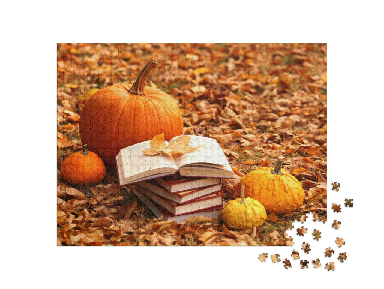 Puzzle de 1000 pièces « Scène automnale avec des livres et des citrouilles »