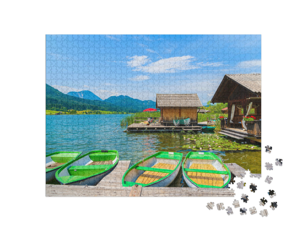 Puzzle de 1000 pièces « Bateaux de pêche et maisons en bois sur la rive »