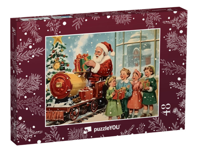 Puzzle de 48 pièces « Motif de Noël vintage : Père Noël avec des enfants qui chantent »