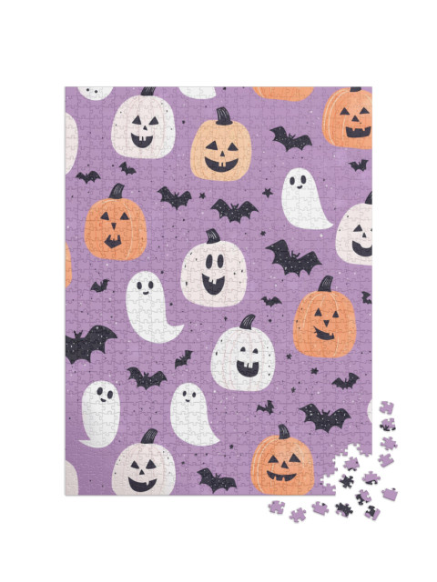 Puzzle de 1000 pièces « Citrouilles, chauves-souris et fantômes »