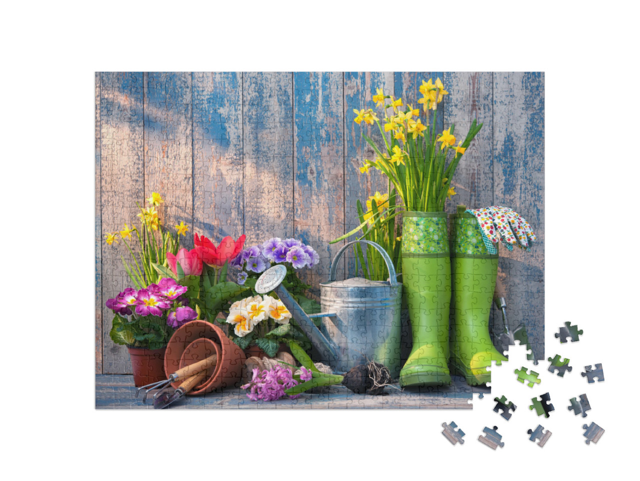 Puzzle de 500 pièces « Outils de jardinage et fleurs sur la terrasse »