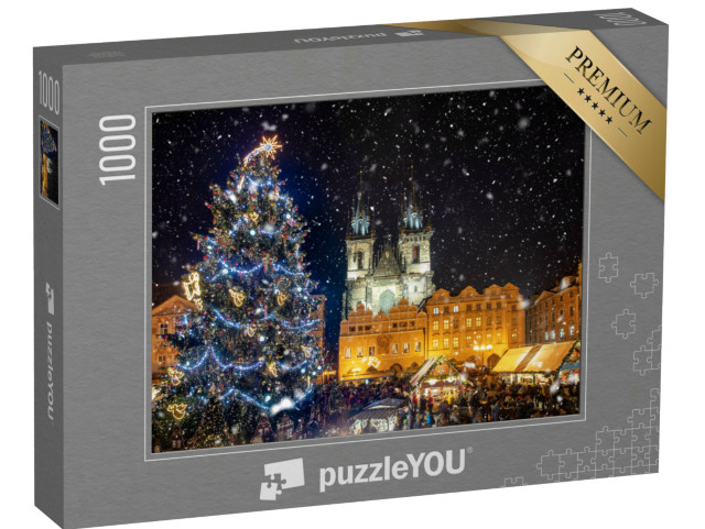 Puzzle de 1000 pièces « Belle vue sur la place de la vieille ville avec le marché de Noël, Prague de nuit »