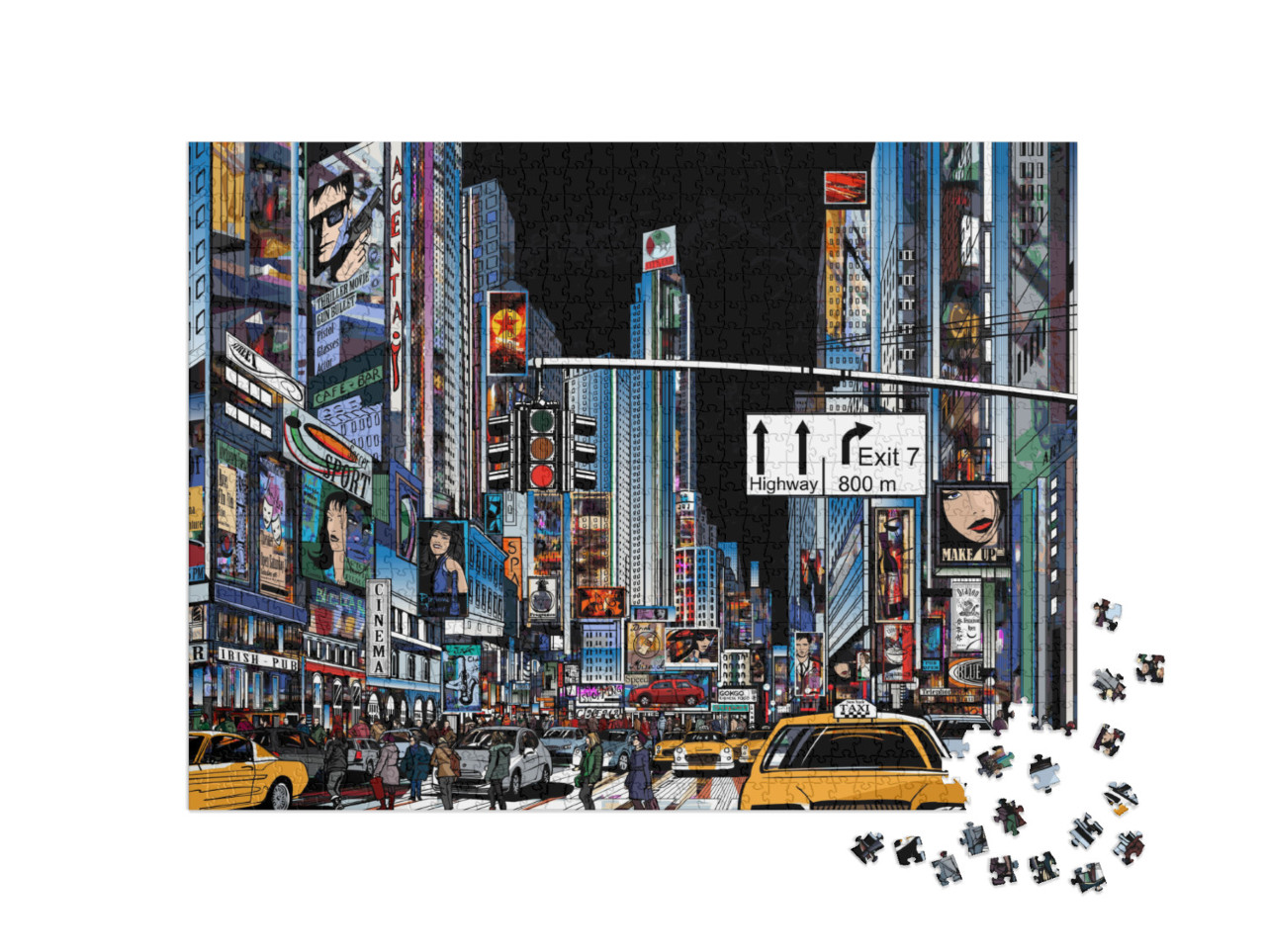 Puzzle de 1000 pièces « Illustration vectorielle d'une rue de New York la nuit »