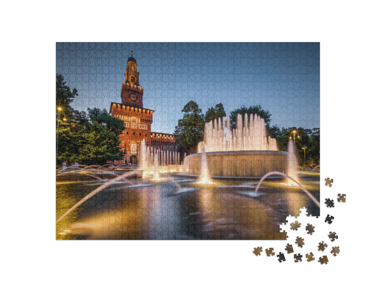 Puzzle de 1000 pièces « Castello Sforzesco avec fontaine éclairée le soir, Milan, Italie »