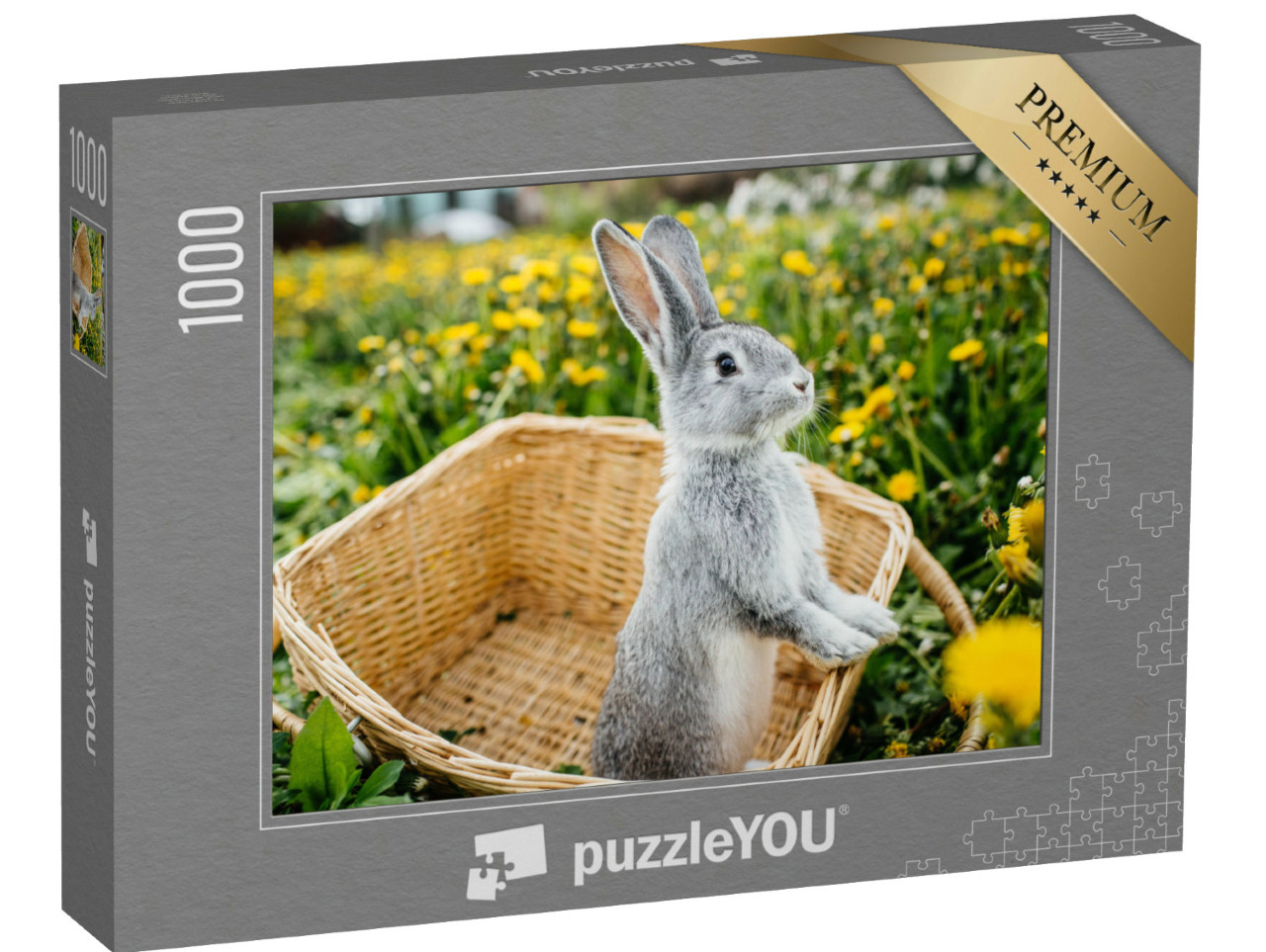 Puzzle de 1000 pièces « Lapin gris dans un panier sur une prairie de pissenlits »