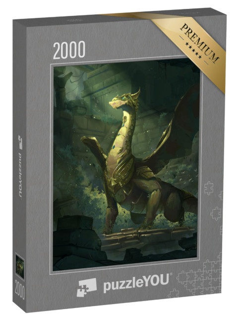 Puzzle de 2000 pièces « Illustration artistique d'un dragon devant des ruines »