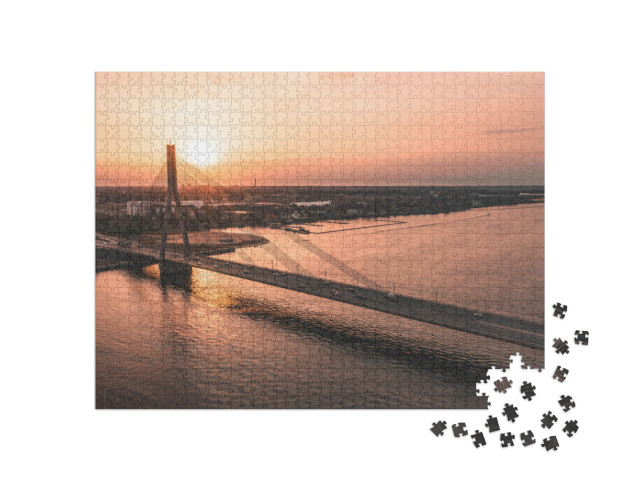 Puzzle de 1000 pièces « Pont sur la rivière au coucher du soleil »