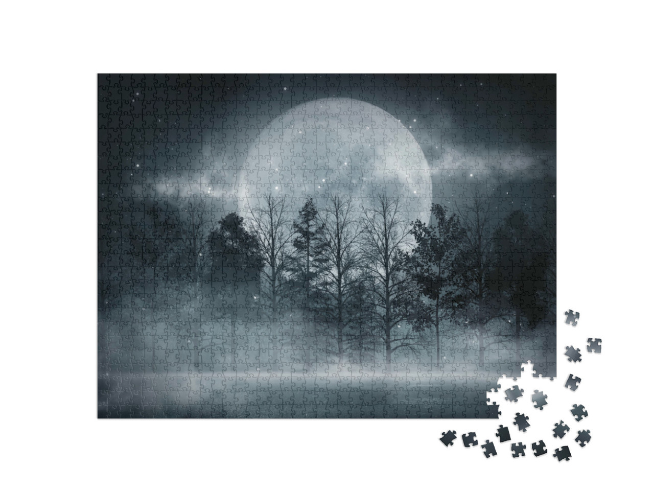 Puzzle de 1000 pièces « Une pleine lune géante au-dessus d'une forêt lugubre »