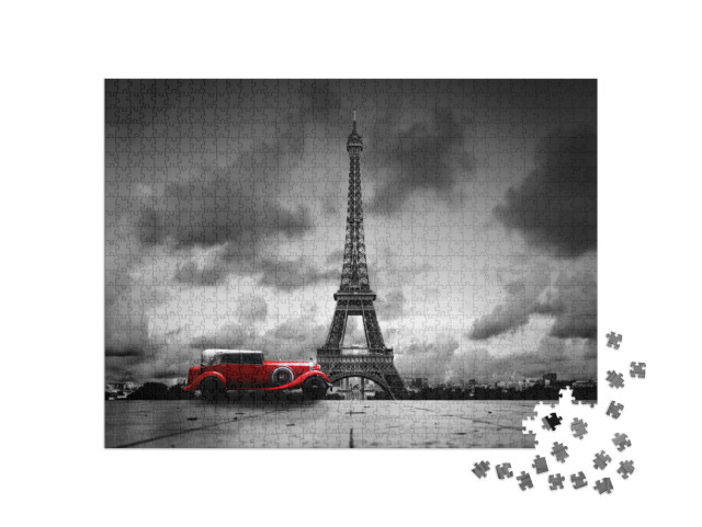 Puzzle de 1000 pièces « Image artistique de la Tour Eiffel avec une voiture rétro en noir et blanc »