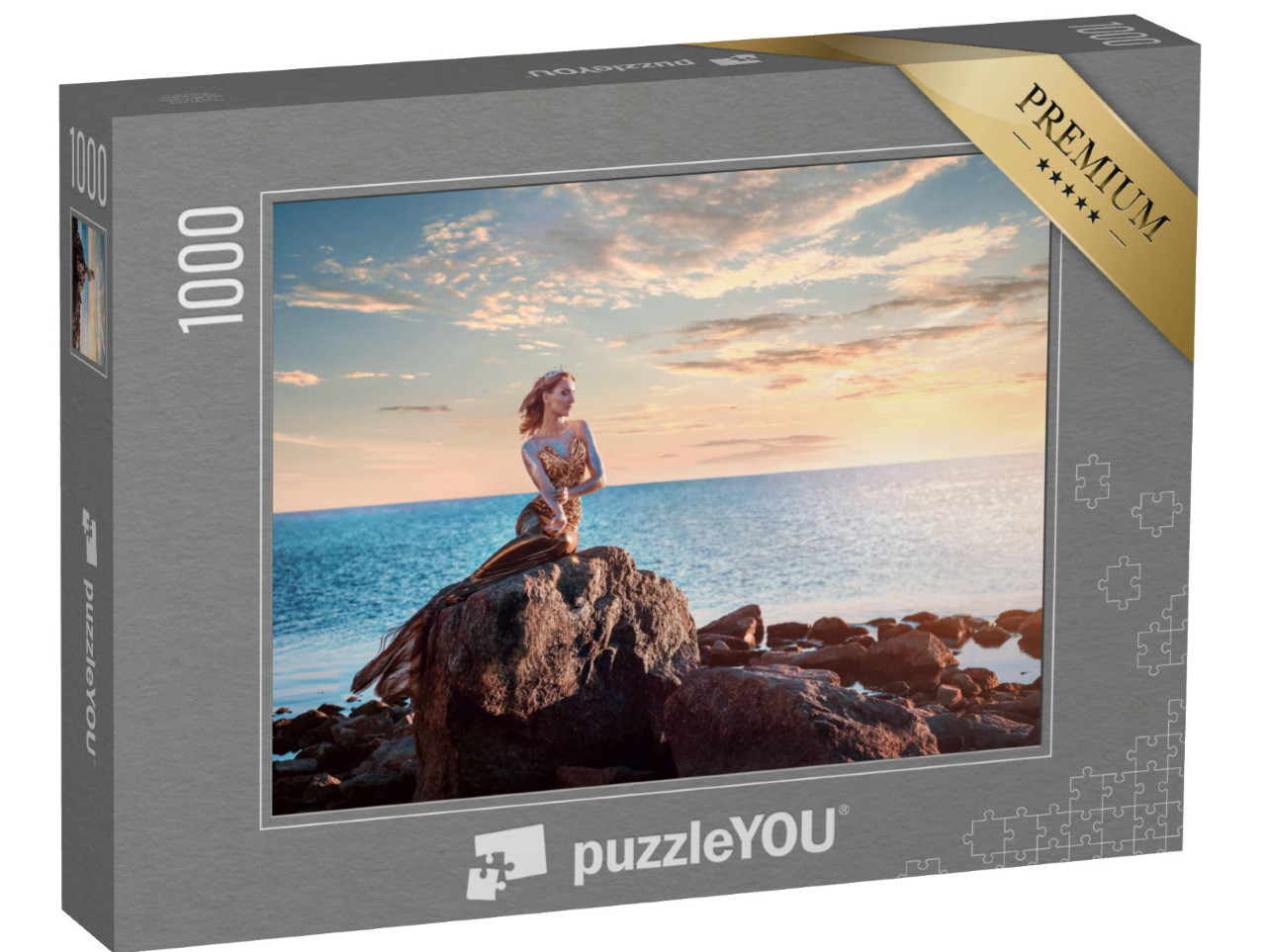 Puzzle de 1000 pièces « Charmante sirène sur un rocher au coucher du soleil »