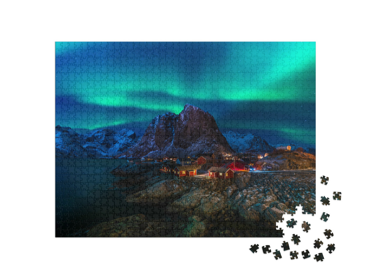Puzzle de 1000 pièces « Aurores boréales dans un petit village de pêcheurs en Norvège »