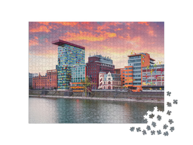 Puzzle de 1000 pièces « Coucher de soleil sur le Rhin à Düsseldorf »