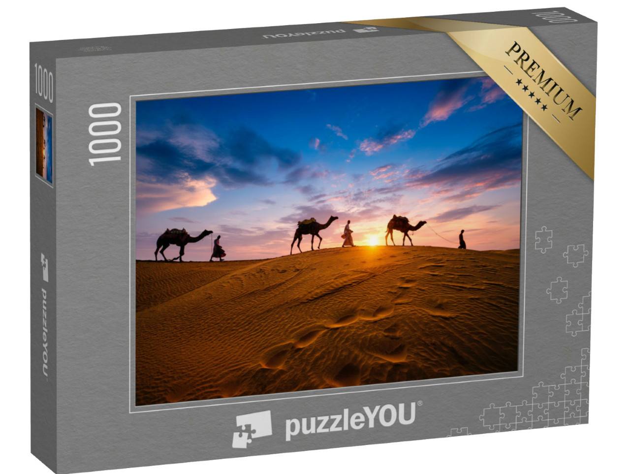 Puzzle de 1000 pièces « Conducteurs de chameaux dans les dunes de sable du désert de Thar, Inde »